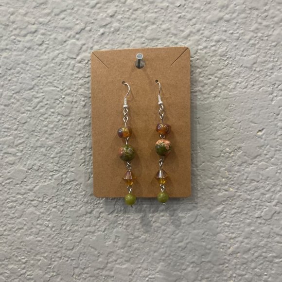 Unakite & Serpentine Beaded Silver Wire Earrings | Handmade - Picture 1 of 4